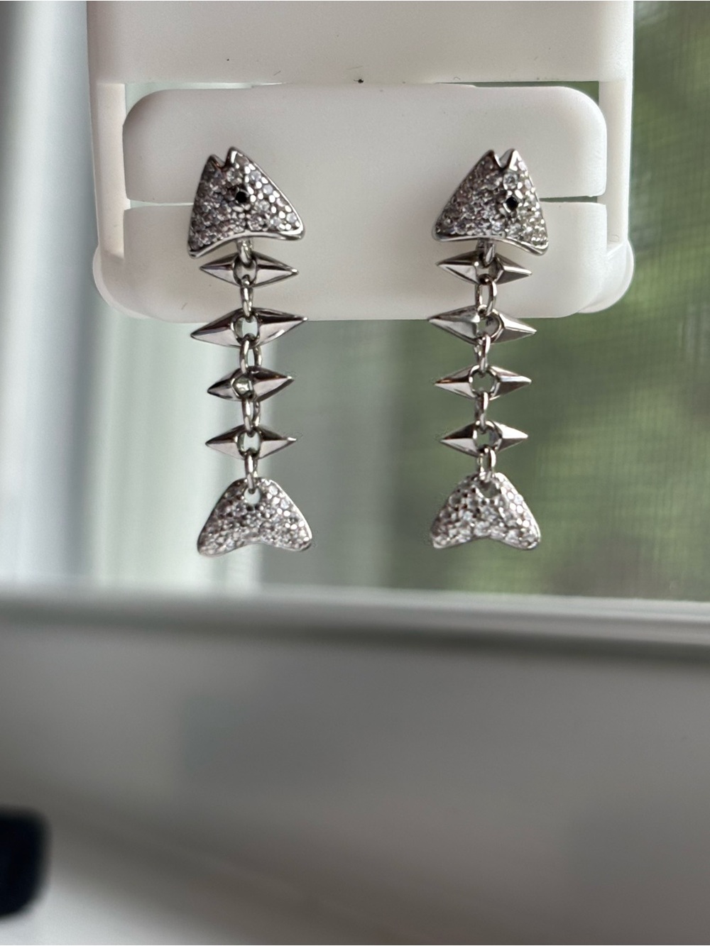 Y2K Sterling Silver Fishbone Drop Earrings Stamped 925 TG Pavé CZ Dangle